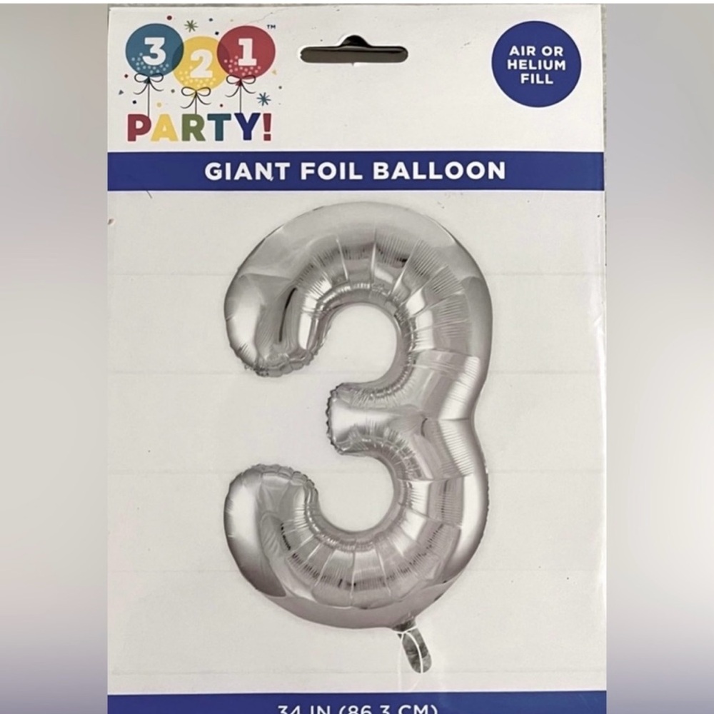 🍄NEW Giant Foil Balloon #3 Silver 34” Tall Air Or Helium Party Decoration